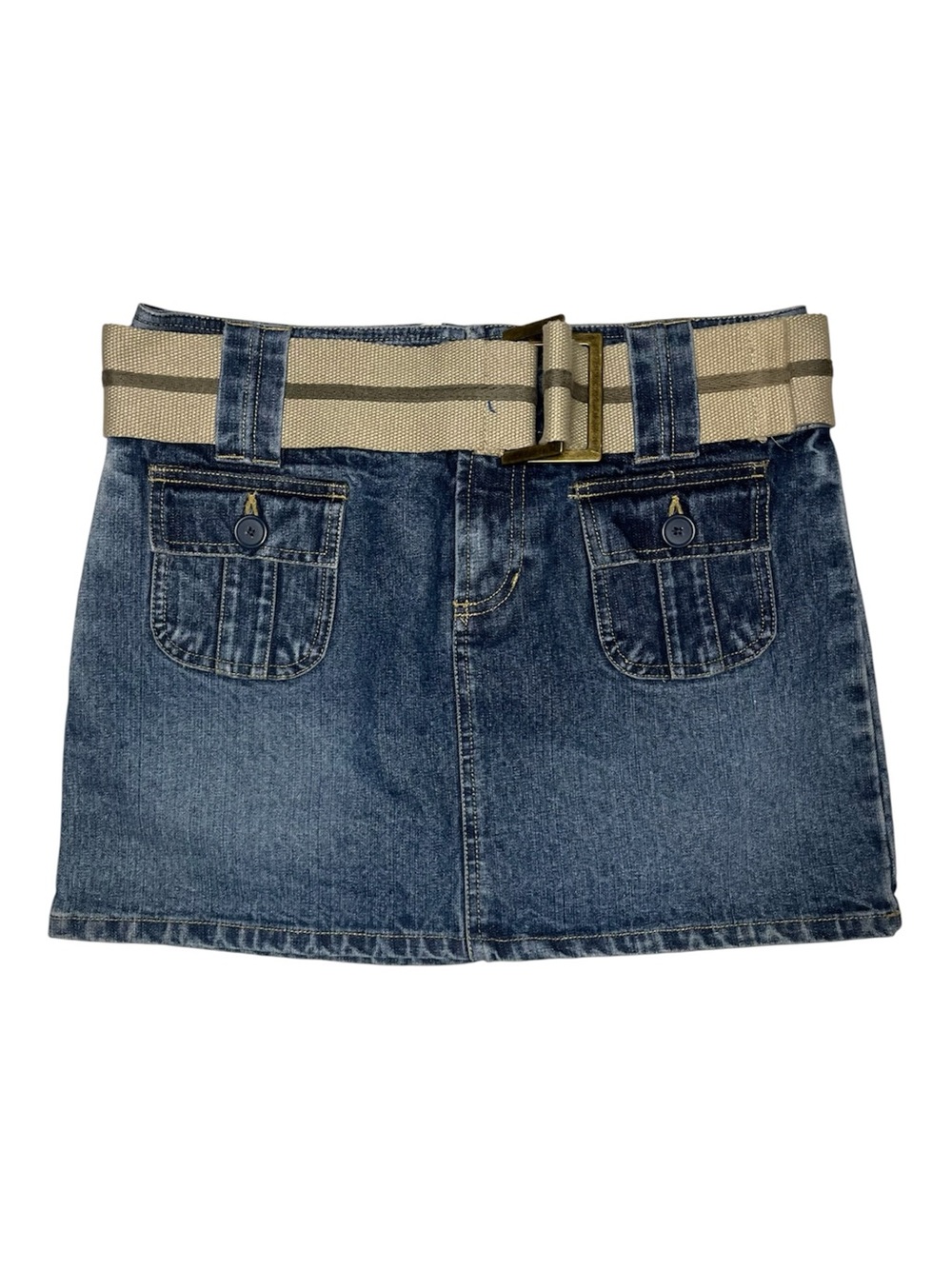 Vintage Y2K Denim Mini Skirt with Beige Canvas Belt